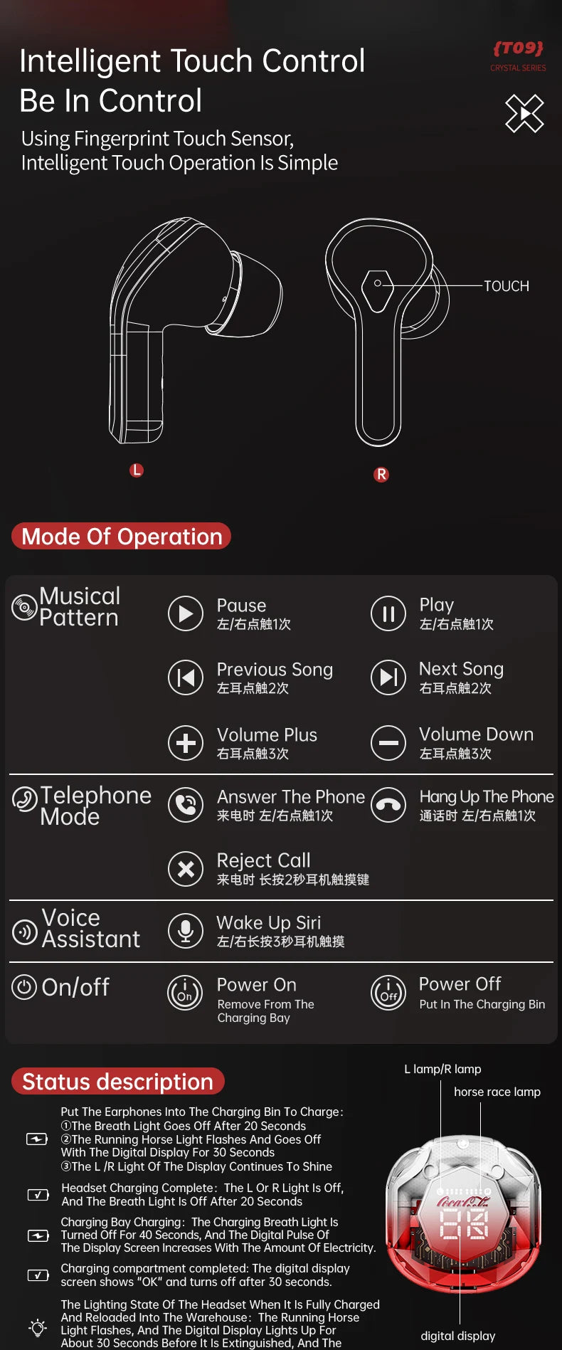 Coca-Cola Diamond Series Bluetooth 5.3 Earphone Wireless Headphones Bass Stereo Ear Buds with Noise Cancelling Mic LED Display